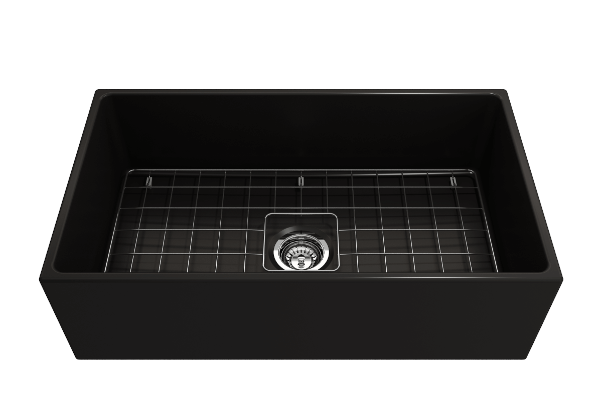 Front angle view of Bocchi Contempo 33" Fireclay Farmhouse Sink in Matte Black showing included strainer and bottom grid.