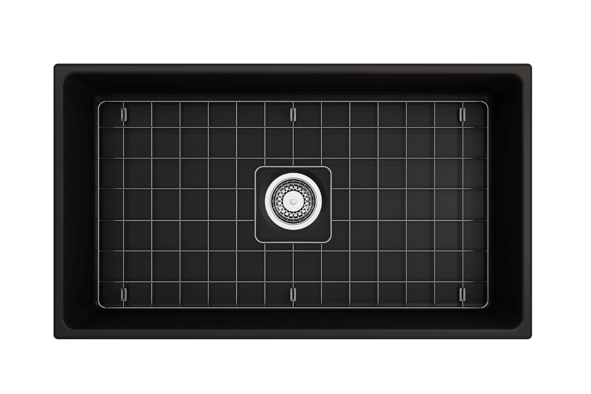 Top-Down view of Matte Black Bocchi Contempo 33" Fireclay Farmhouse Sink with included bottom grid and strainer