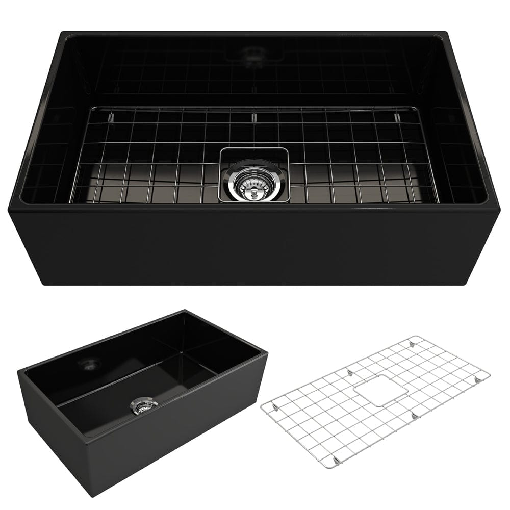 Product image of the Bocchi Contempo 33" Fireclay Farmhouse sink in Black detailing included parts below main image