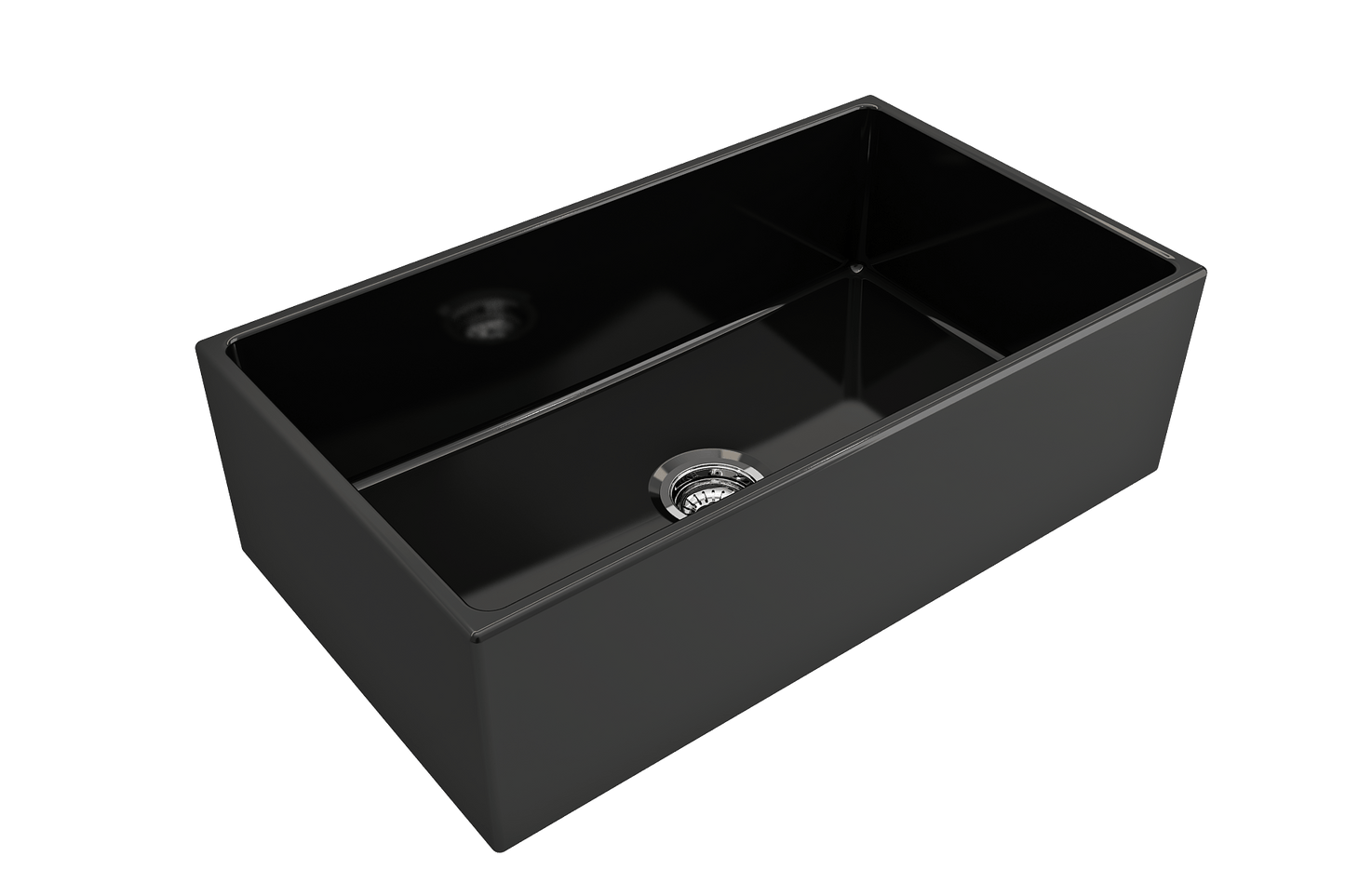 Top corner angle of Bocchi Contempo Fireclay Farmhouse Sink in Black showing center drain placement and included sink strainer