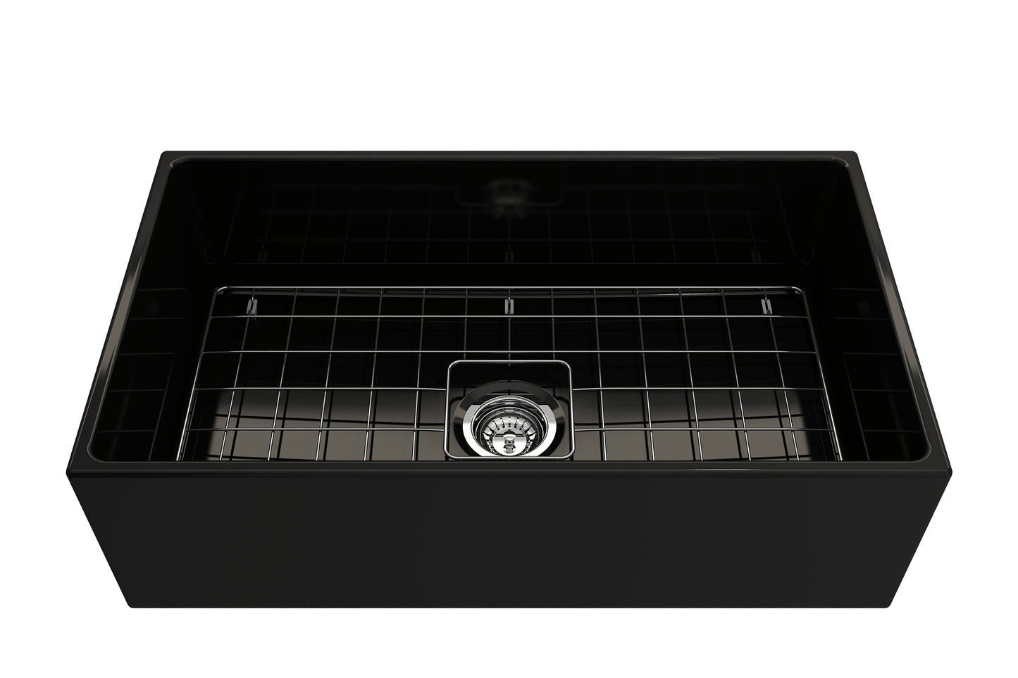 Front angle view of Bocchi Contempo 33" Fireclay Farmhouse Sink in Black showing included strainer and bottom grid.