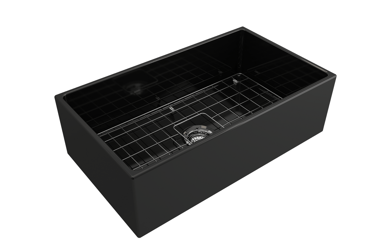 Top corner angle of Bocchi Contempo Fireclay Farmhouse Sink in Black showing center drain placement, bottom grid and included sink strainer