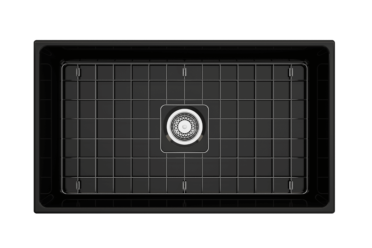 Top-Down view of Black Bocchi Contempo 33" Fireclay Farmhouse Sink with included bottom grid and strainer