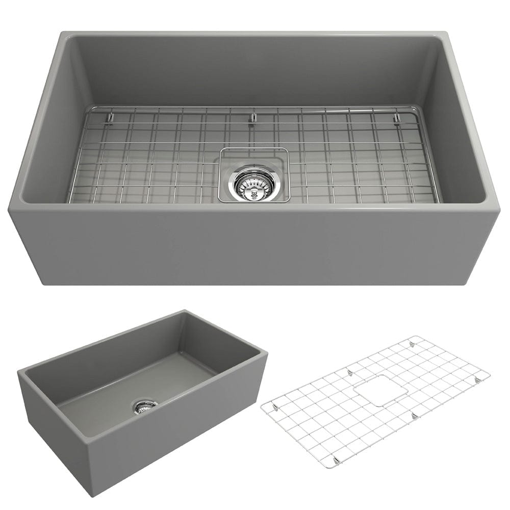 Product image of the Bocchi Contempo 33" Fireclay Farmhouse sink in Matte Gray detailing included parts below main image