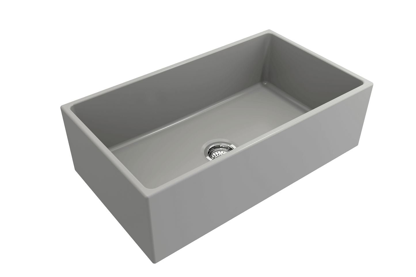 Top corner angle of Bocchi Contempo Fireclay Farmhouse Sink in Matte Gray showing center drain placement and included sink strainer