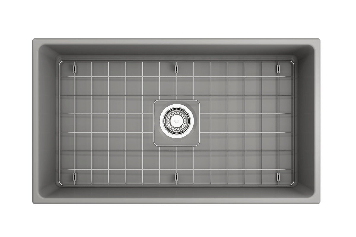 Top-Down view of Matte Gray Bocchi Contempo 33" Fireclay Farmhouse Sink with included bottom grid and strainer