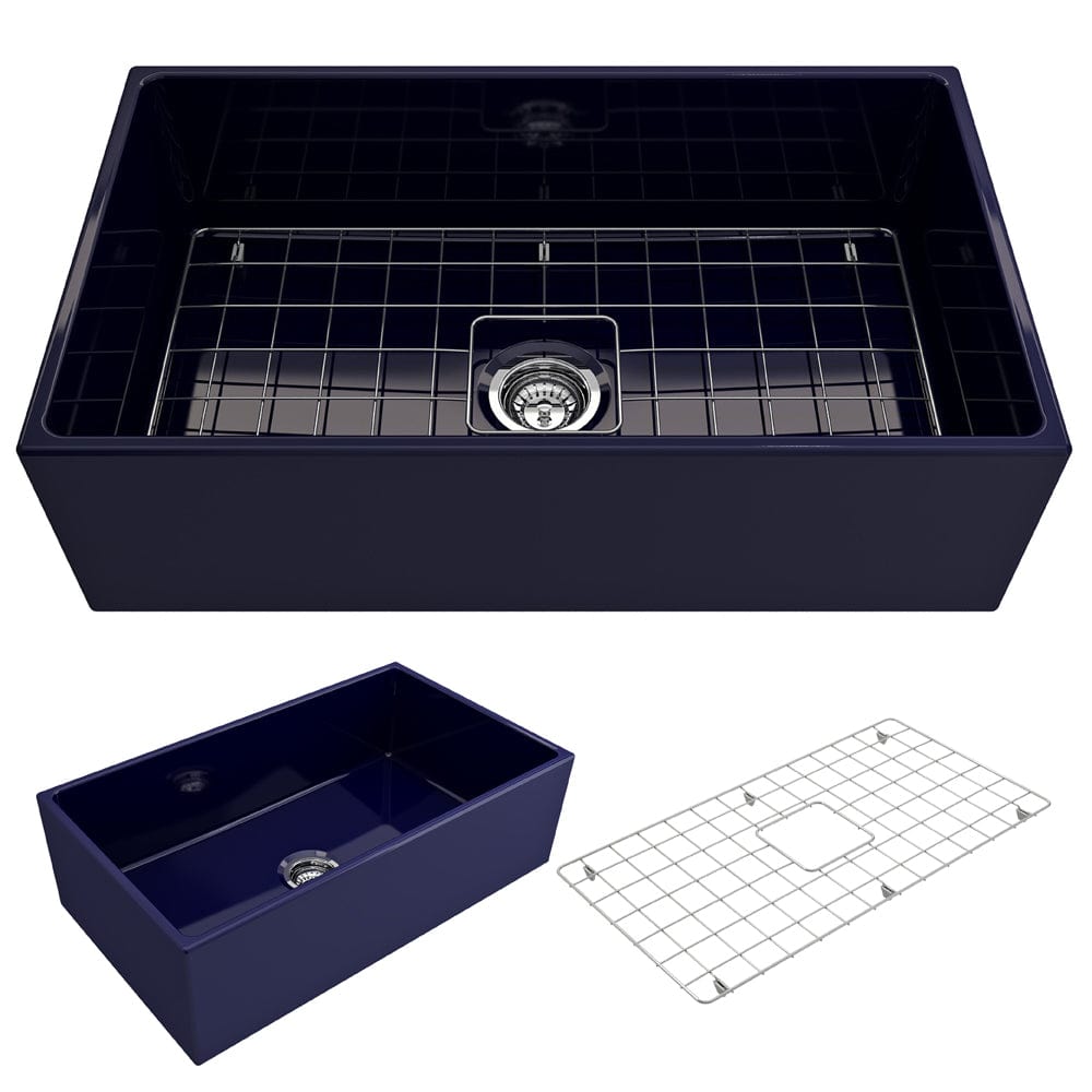 Product image of the Bocchi Contempo 33" Fireclay Farmhouse sink in Sapphire Blue detailing included parts below main image