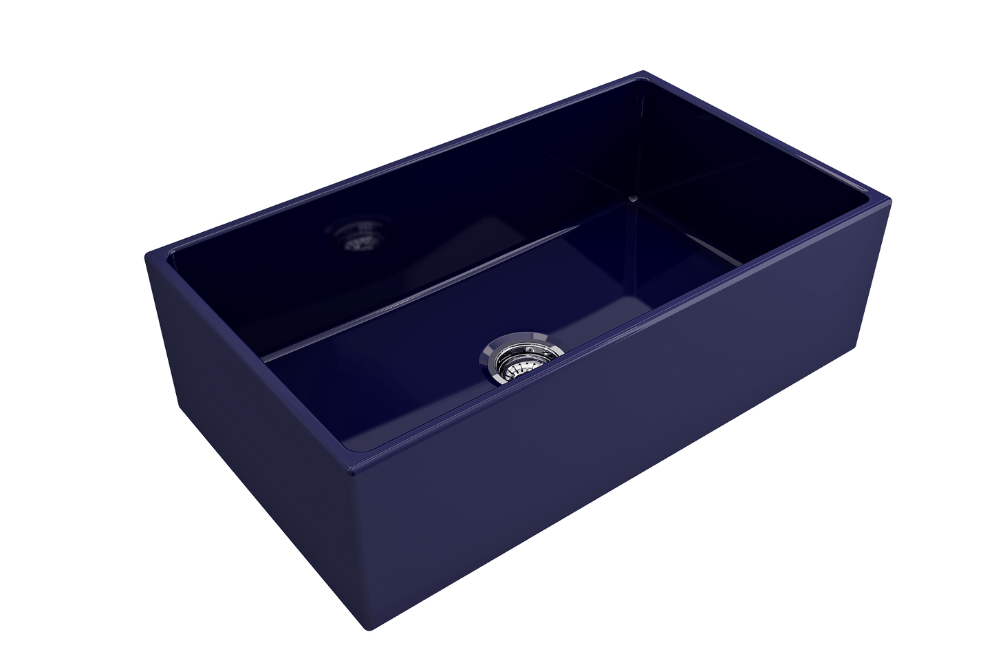 Top corner angle of Bocchi Contempo Fireclay Farmhouse Sink in Sapphire Blue showing center drain placement and included sink strainer