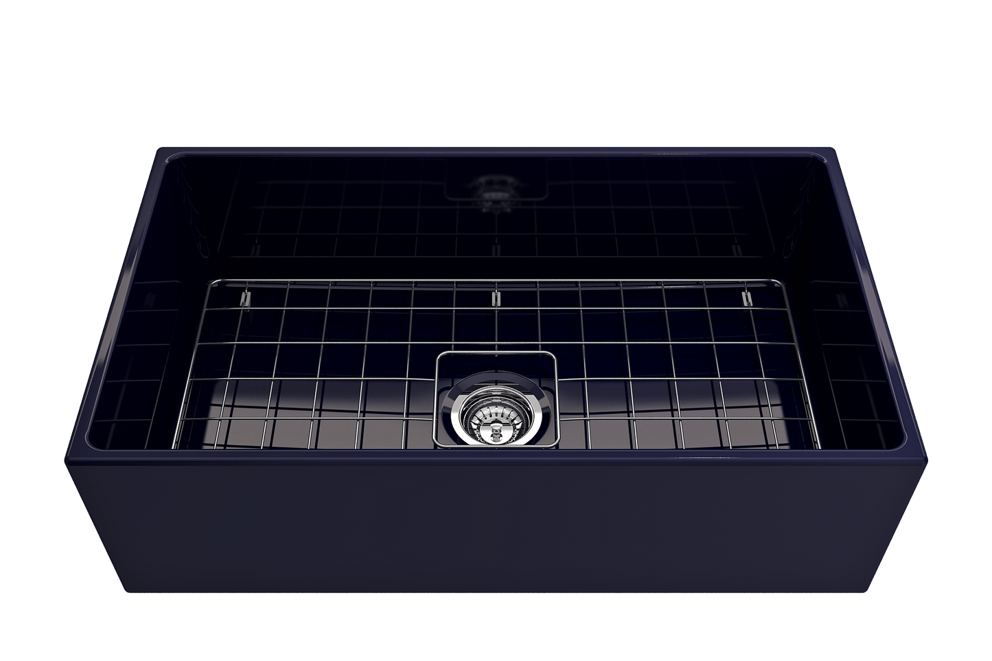 Front angle view of Bocchi Contempo 33" Fireclay Farmhouse Sink in Sapphire Blue showing included strainer and bottom grid.