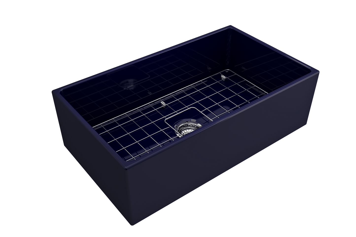Top corner angle of Bocchi Contempo Fireclay Farmhouse Sink in Sapphire Blue showing center drain placement, bottom grid and included sink strainer