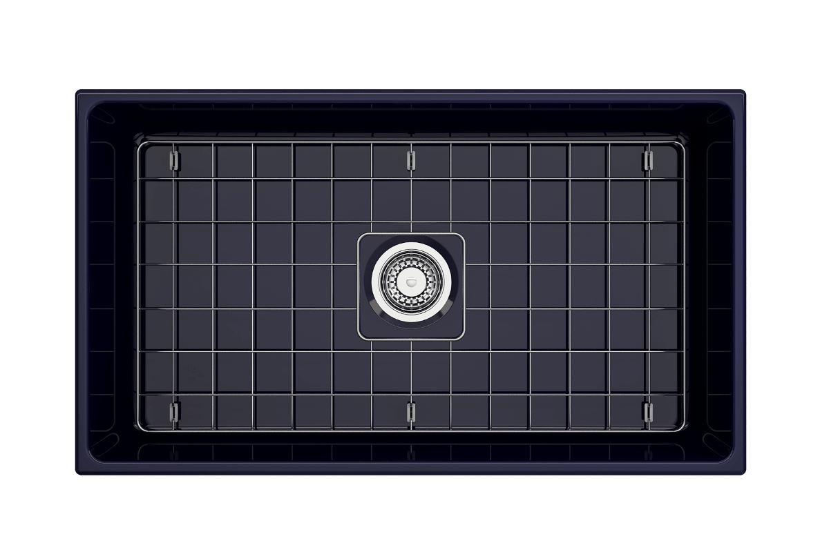 Top-Down view of Sapphire Blue Bocchi Contempo 33" Fireclay Farmhouse Sink with included bottom grid and strainer