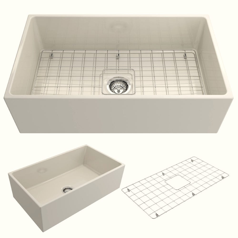 Product image of the Bocchi Contempo 33" Fireclay Farmhouse sink in Biscuit detailing included parts below main image