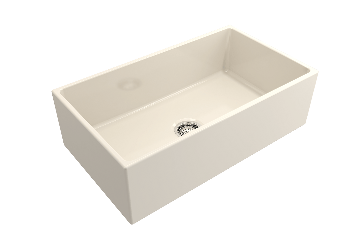 Top corner angle of Bocchi Contempo Fireclay Farmhouse Sink in Biscuit showing center drain placement and included sink strainer