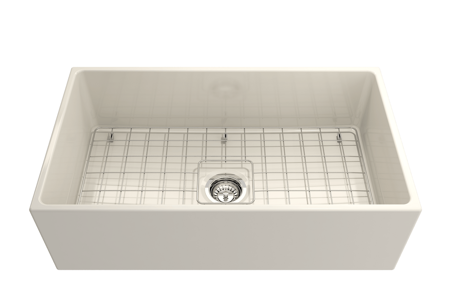 Front angle view of Bocchi Contempo 33" Fireclay Farmhouse Sink in Biscuit showing included strainer and bottom grid.