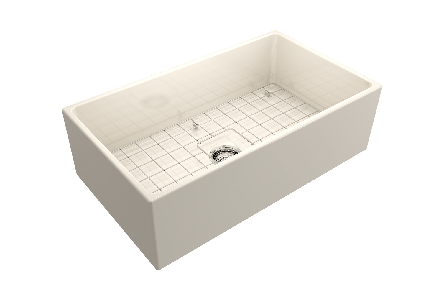 Top corner angle of Bocchi Contempo Fireclay Farmhouse Sink in Biscuit showing center drain placement, bottom grid and included sink strainer