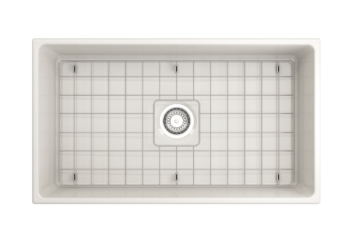 Top-Down view of Biscuit Bocchi Contempo 33" Fireclay Farmhouse Sink with included bottom grid and strainer
