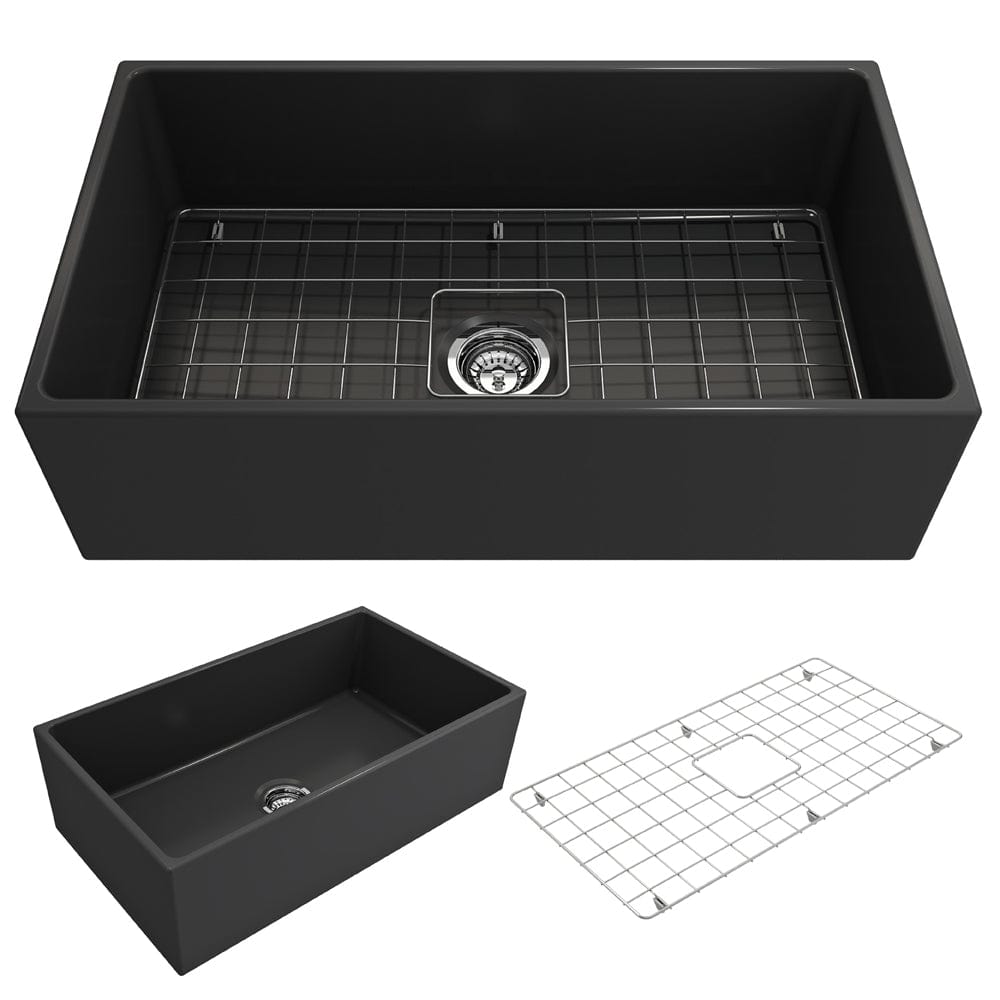 Product image of the Bocchi Contempo 33" Fireclay Farmhouse sink in Matte Dark Gray detailing included parts below main image