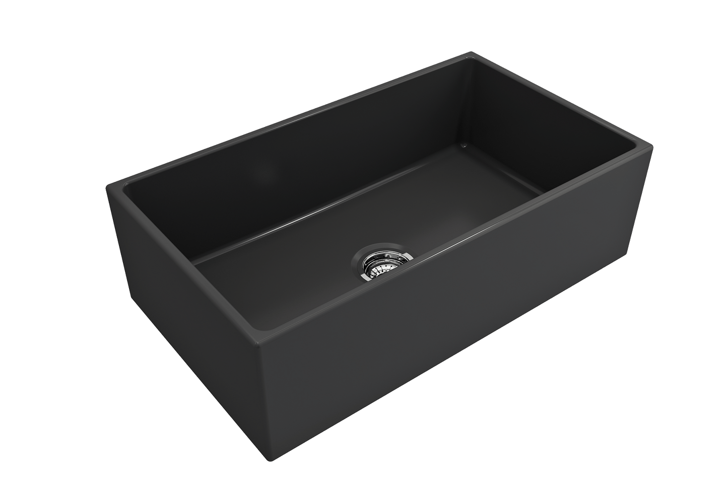 Top corner angle of Bocchi Contempo Fireclay Farmhouse Sink in Matte Dark Gray showing center drain placement and included sink strainer
