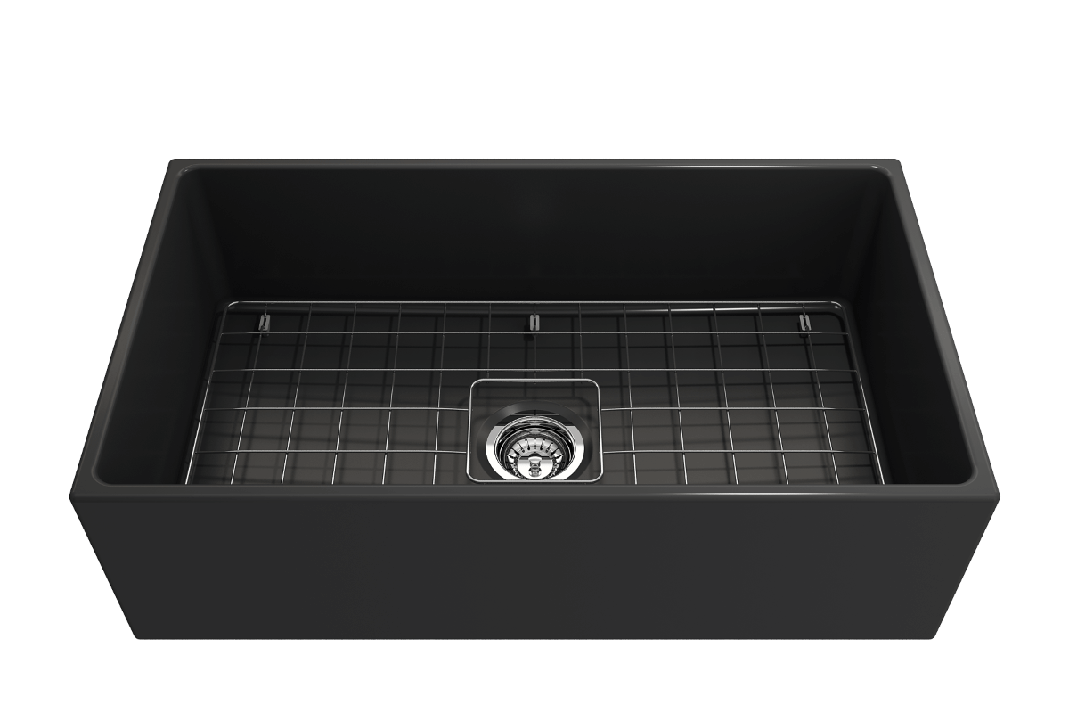 Front angle view of Bocchi Contempo 33" Fireclay Farmhouse Sink in Matte Dark Gray showing included strainer and bottom grid.