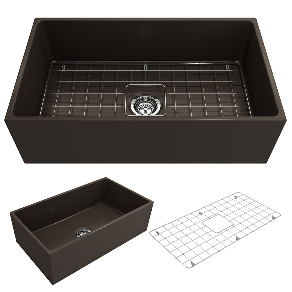 Product image of the Bocchi Contempo 33" Fireclay Farmhouse sink in Matte Brown detailing included parts below main image