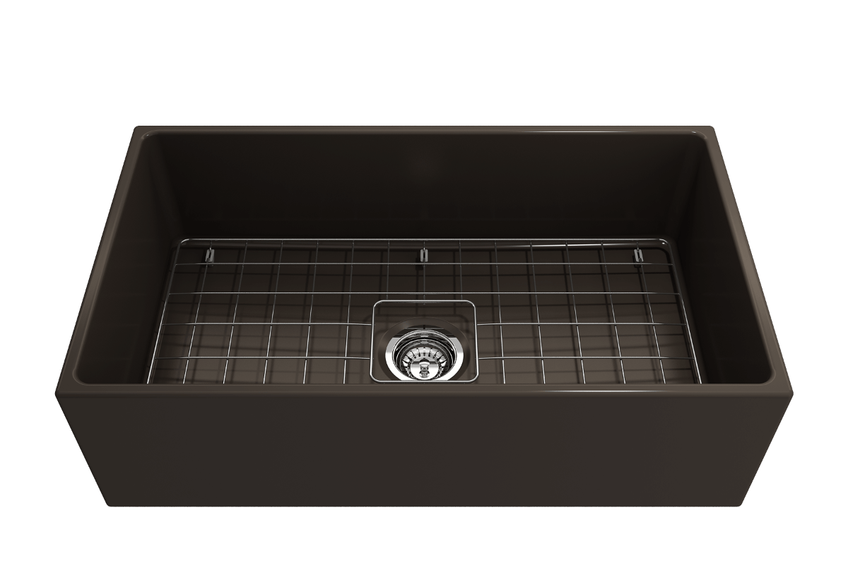 Front angle view of Bocchi Contempo 33" Fireclay Farmhouse Sink in Matte Brown showing included strainer and bottom grid.