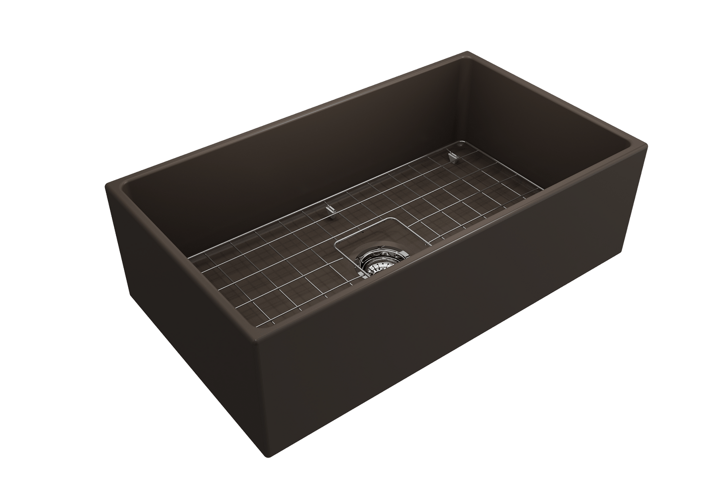 Top corner angle of Bocchi Contempo Fireclay Farmhouse Sink in Matte Brown showing center drain placement, bottom grid and included sink strainer