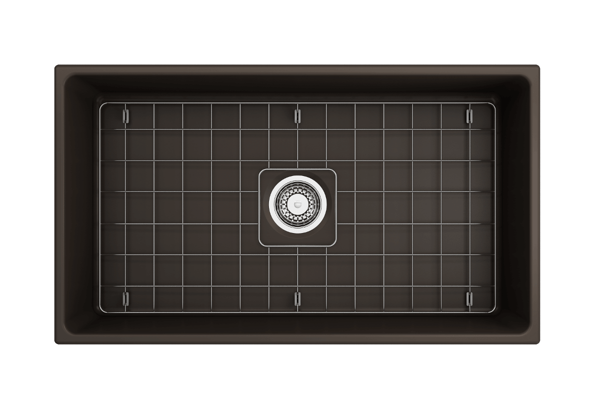 Top-Down view of Matte Brown Bocchi Contempo 33" Fireclay Farmhouse Sink with included bottom grid and strainer