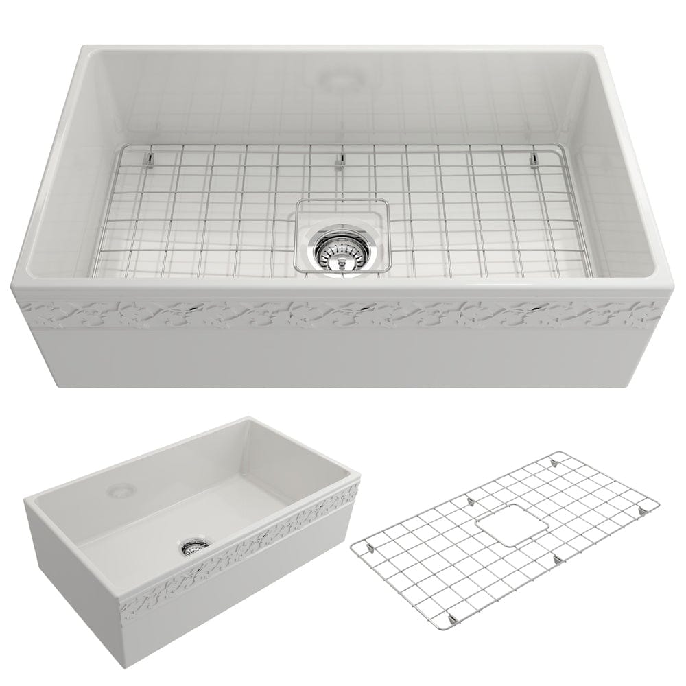BOCCHI VIGNETO 33" Fireclay Farmhouse Single Bowl Kitchen Sink with Protective Bottom Grid and Strainer, WHITE - 1353-001-0120 - Manor House Sinks