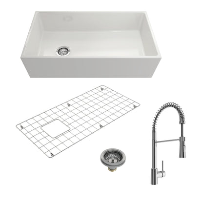 BOCCHI CONTEMPO 36" Fireclay Kitchen Sink with Protective Bottom Grid and Strainer with Livenza 2.0 Faucet