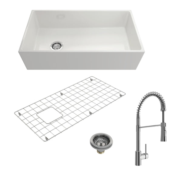 BOCCHI CONTEMPO 36 Fireclay Kitchen Sink with Protective Bottom Grid and Strainer with Livenza 2.0 Faucet