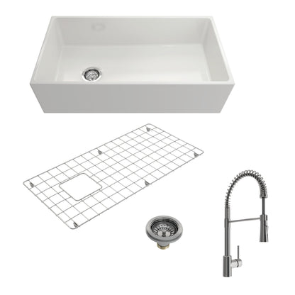 BOCCHI CONTEMPO 36" Fireclay Kitchen Sink with Bottom Grid, Strainer & Livenza Faucet in white finish.
