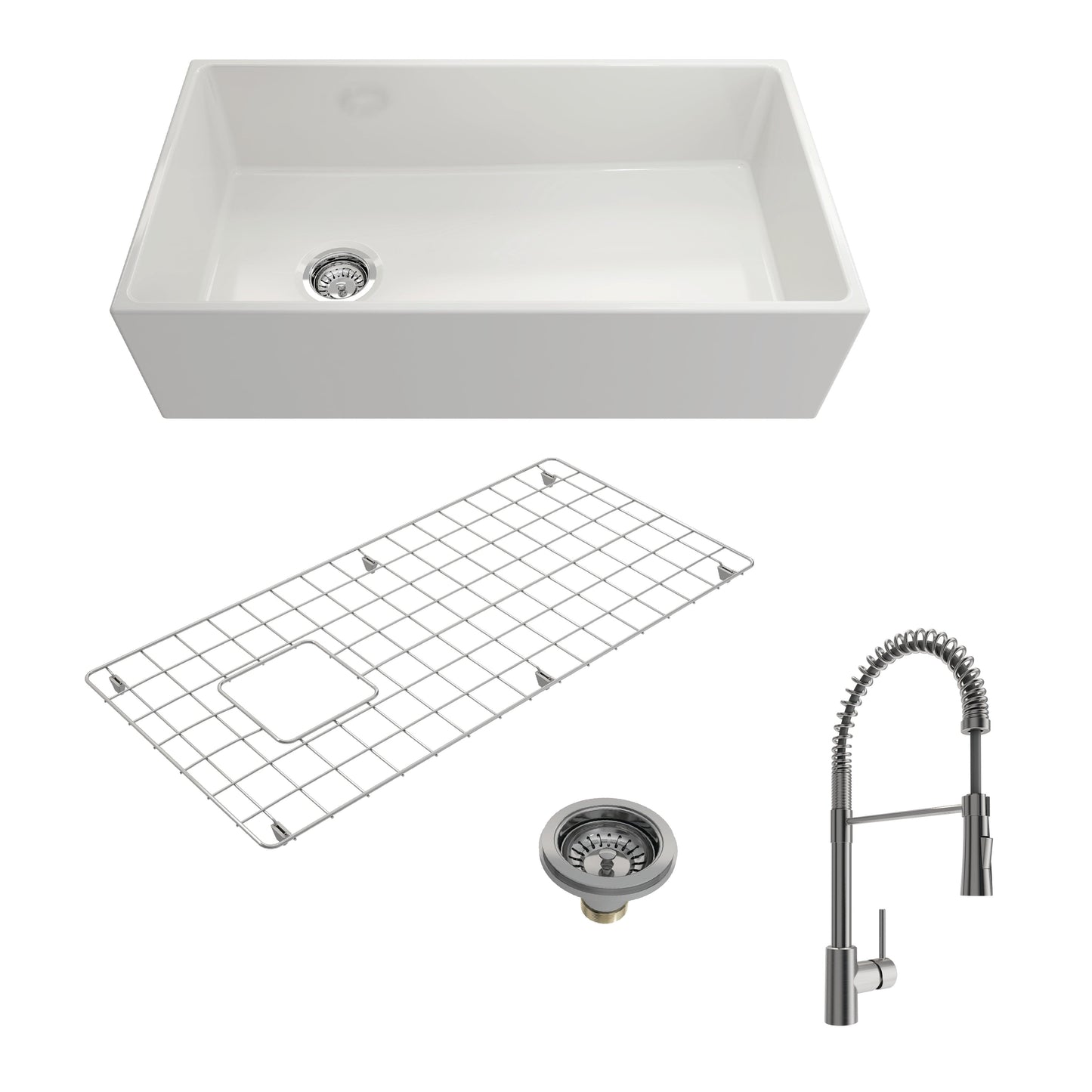 BOCCHI CONTEMPO 36" Fireclay Kitchen Sink with Protective Bottom Grid and Strainer with Livenza 2.0 Faucet