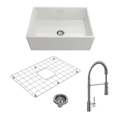 BOCCHI CONTEMPO 27" Fireclay Kitchen Sink with Protective Bottom Grid and Strainer with Livenza 2.0 Faucet