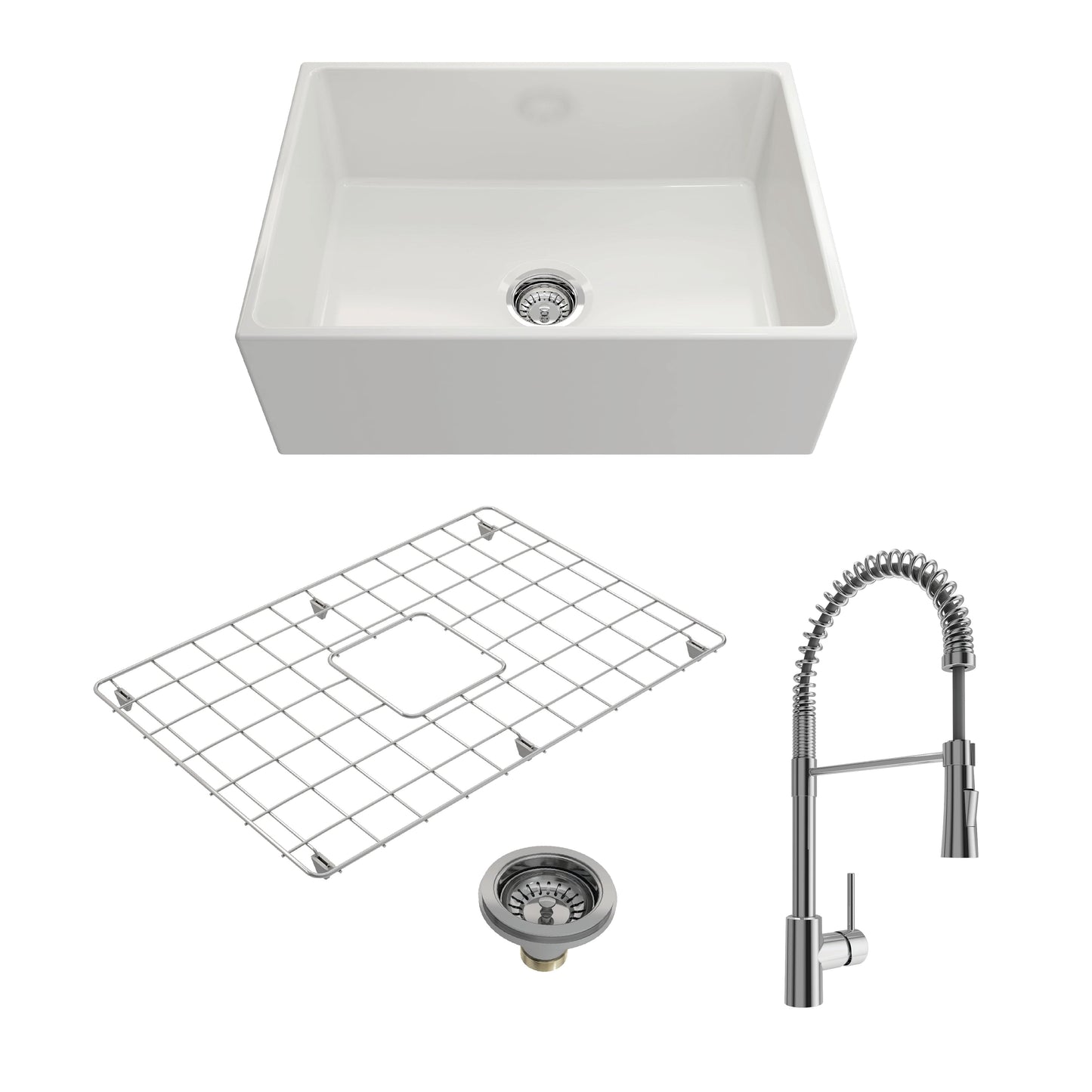 BOCCHI CONTEMPO 27" Fireclay Kitchen Sink with Bottom Grid, Strainer and Livenza Faucet in white and chrome.