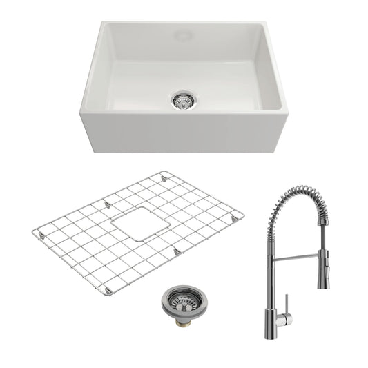 BOCCHI CONTEMPO 27" Fireclay Kitchen Sink with Bottom Grid, Strainer and Livenza Faucet in white and chrome.