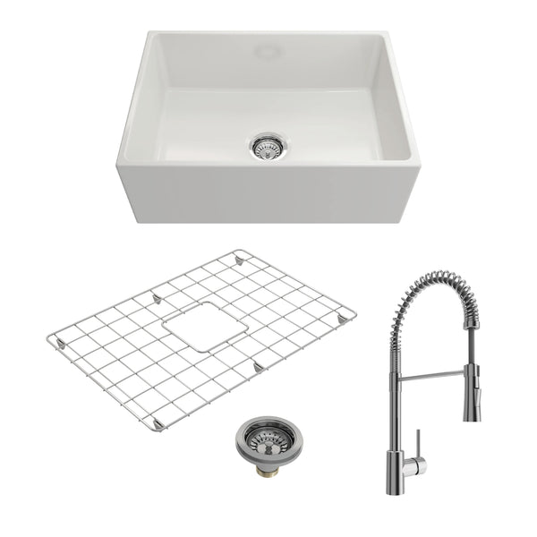 BOCCHI CONTEMPO 27 Fireclay Kitchen Sink with Protective Bottom Grid and Strainer with Livenza 2.0 Faucet