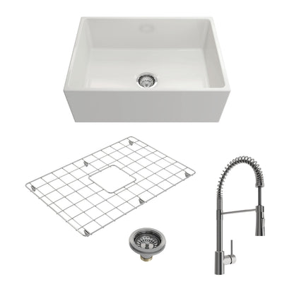 BOCCHI CONTEMPO 27" Fireclay Kitchen Sink with Bottom Grid, Strainer and Livenza Faucet in white and stainless steel.