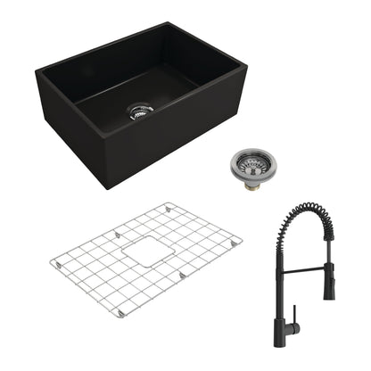 BOCCHI CONTEMPO 27" Fireclay Kitchen Sink with Bottom Grid, Strainer and Livenza Faucet in Matte Black.