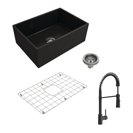 BOCCHI CONTEMPO 27" Fireclay Kitchen Sink with Bottom Grid, Strainer and Livenza Faucet in Matte Black.