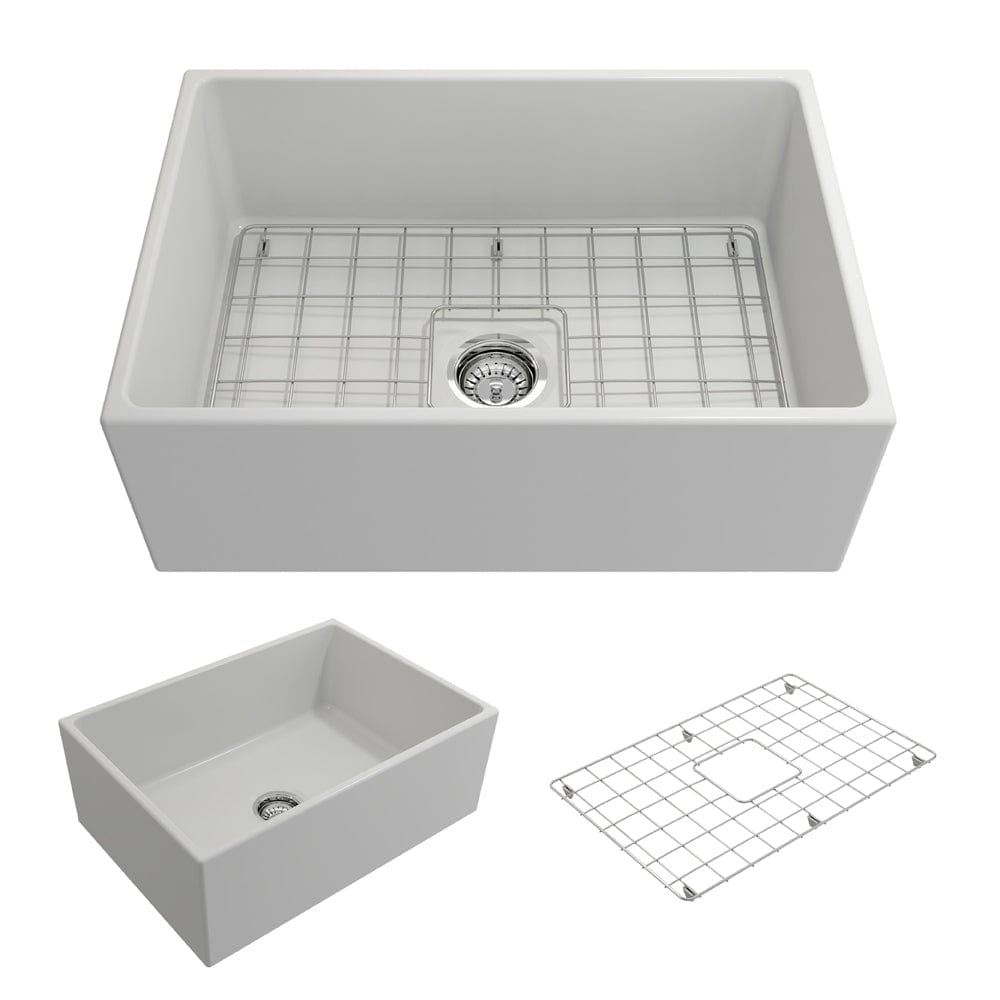 Top view of BOCCHI CONTEMPO 27" Fireclay Farmhouse Single Bowl Kitchen Sink with Protective Bottom Grid and Strainer.