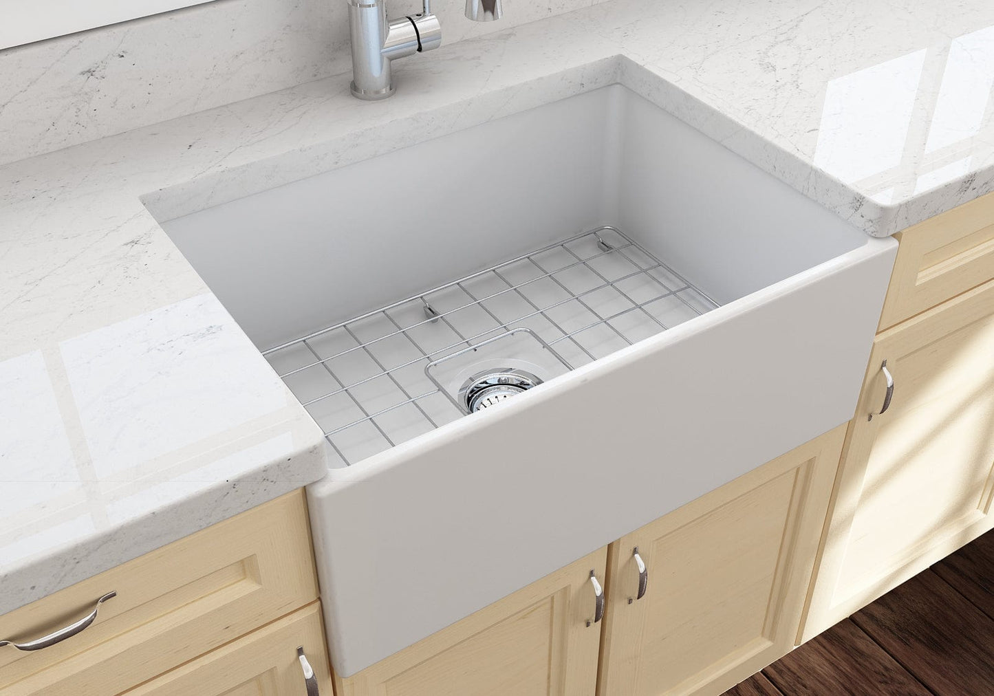 BOCCHI CONTEMPO 27" Fireclay Farmhouse Single Bowl Kitchen Sink with Protective Bottom Grid and Strainer in Matte White, top view.