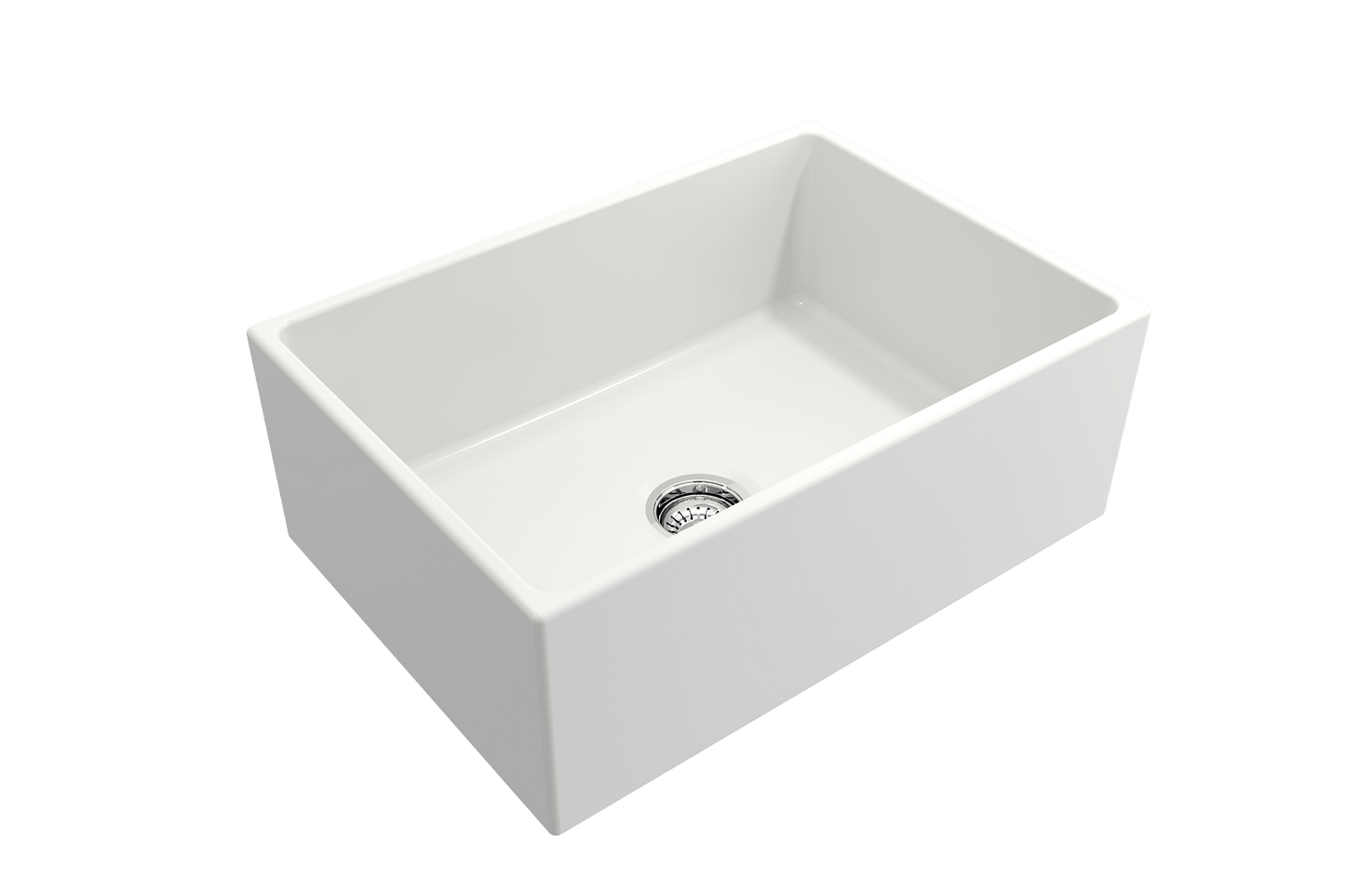 BOCCHI CONTEMPO 27" Fireclay Farmhouse Single Bowl Kitchen Sink with Protective Bottom Grid and Strainer in white finish, top angled view.