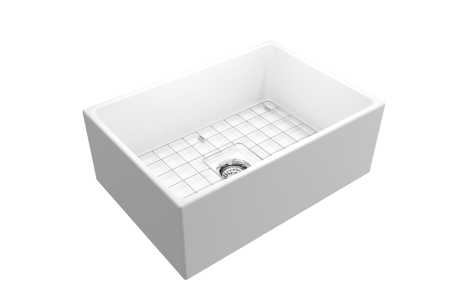 BOCCHI CONTEMPO 27" Fireclay Farmhouse Single Bowl Kitchen Sink with Protective Bottom Grid and Strainer, left side view.