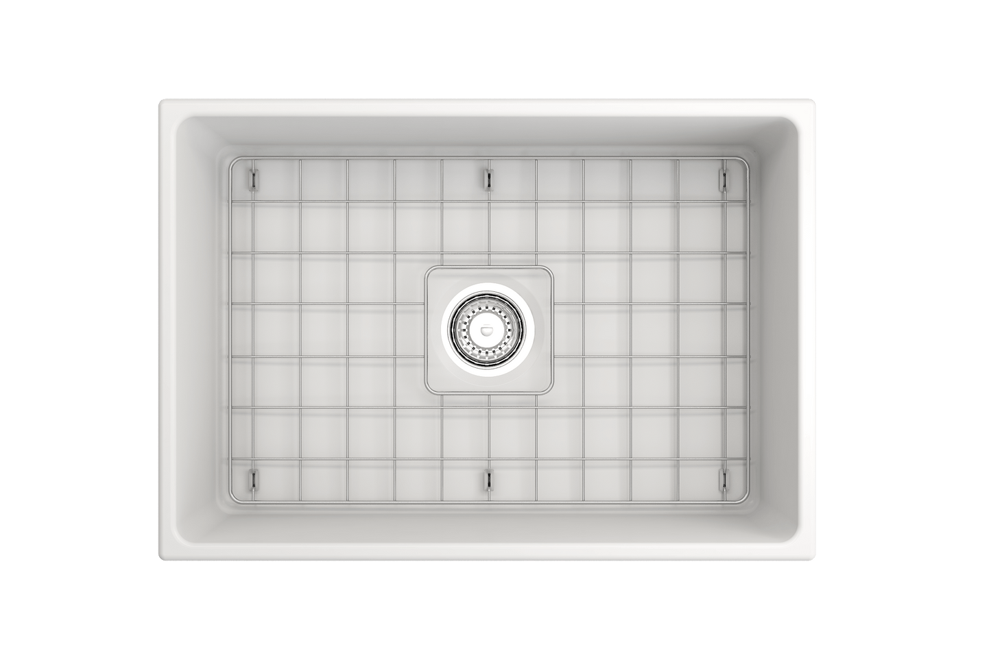 Top view of BOCCHI CONTEMPO 27" Fireclay Farmhouse Single Bowl Kitchen Sink with Protective Bottom Grid and Strainer.