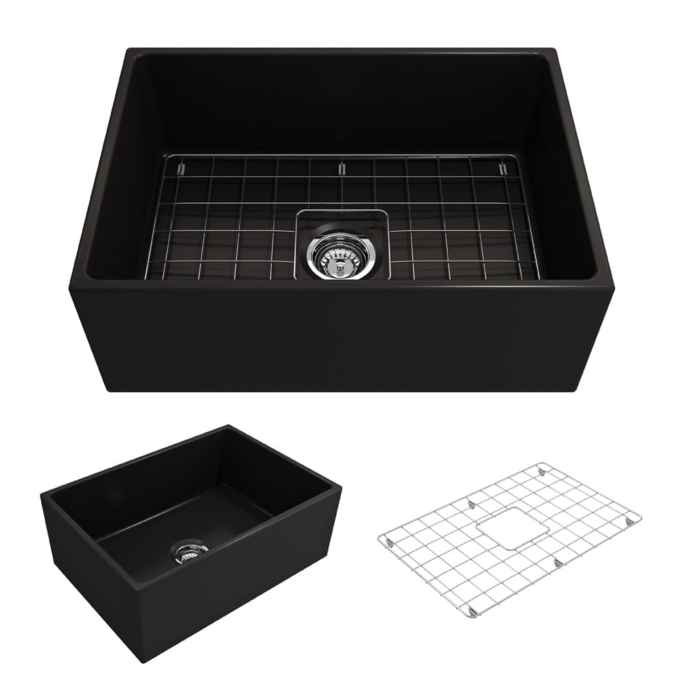 BOCCHI CONTEMPO 27" Fireclay Farmhouse Single Bowl Kitchen Sink with Protective Bottom Grid and Strainer in matte black finish, top view.