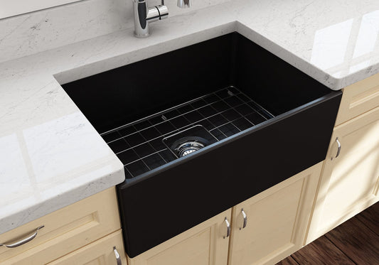 BOCCHI CONTEMPO 27" Fireclay Farmhouse Single Bowl Kitchen Sink with Protective Bottom Grid and Strainer in Matte Black, top view