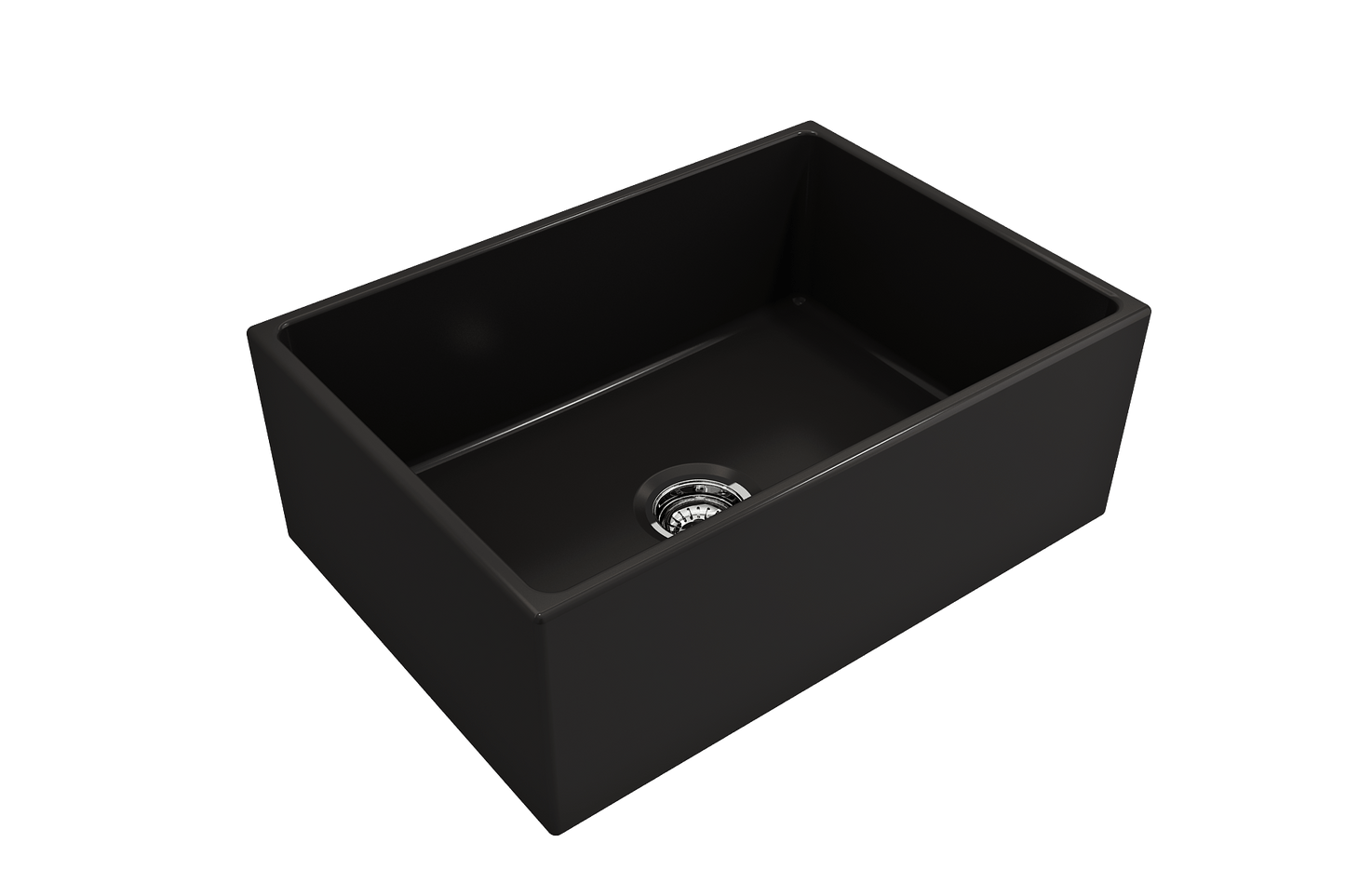 BOCCHI CONTEMPO 27" Fireclay Farmhouse Single Bowl Kitchen Sink with Protective Bottom Grid and Strainer in black left side view.