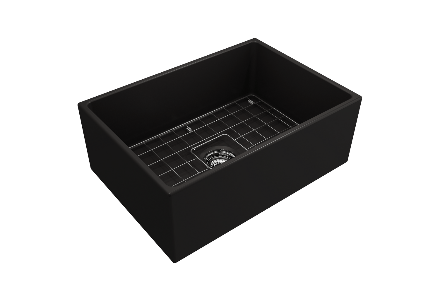 BOCCHI CONTEMPO 27" Fireclay Farmhouse Single Bowl Kitchen Sink with Protective Bottom Grid and Strainer in matte black