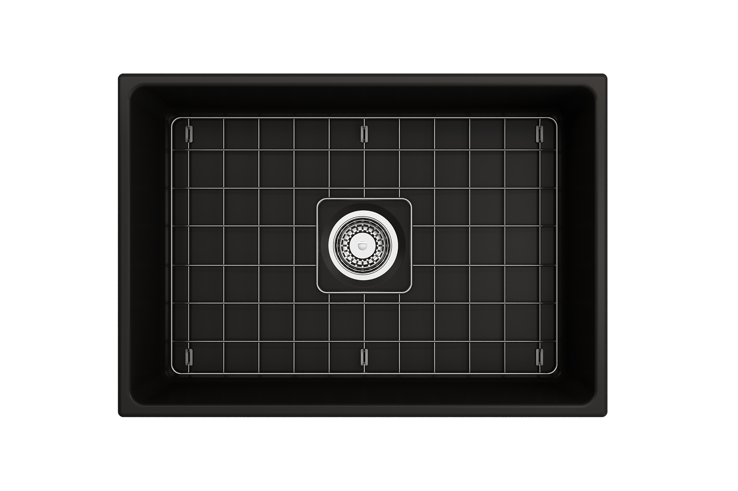 BOCCHI CONTEMPO 27" Fireclay Farmhouse Single Bowl Kitchen Sink with Protective Bottom Grid and Strainer in black top view.