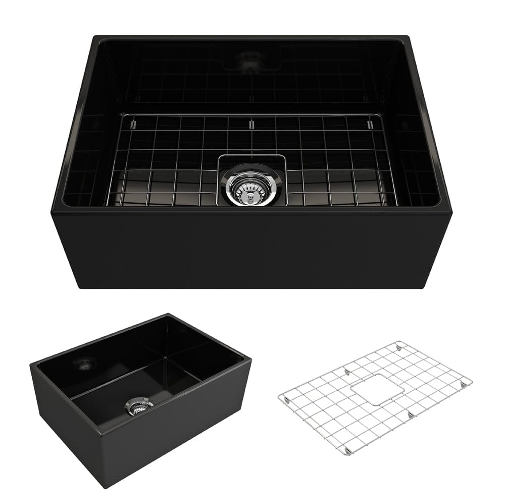 BOCCHI CONTEMPO 27" Fireclay Farmhouse Single Bowl Kitchen Sink with Protective Bottom Grid and Strainer in black finish, top view.
